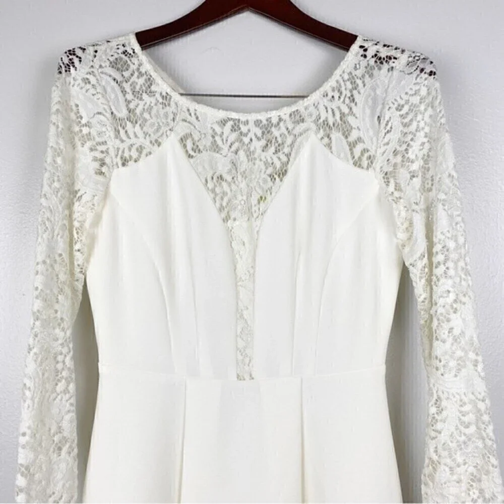 Gianni Bini Scoop Neck Lace Long Sleeve Pleated Dress Ivory Size 4 - Picture 3 of 10